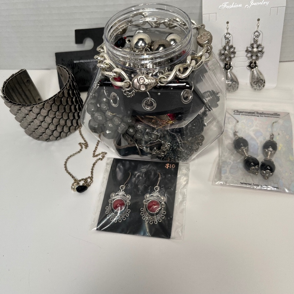 Goth Themed Mystery Jewelry Jar🖤  Skulls, collar, silver tone scale cuff